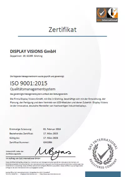 Système de gestion de la qualité certifié conforme à la norme ISO9001:2015